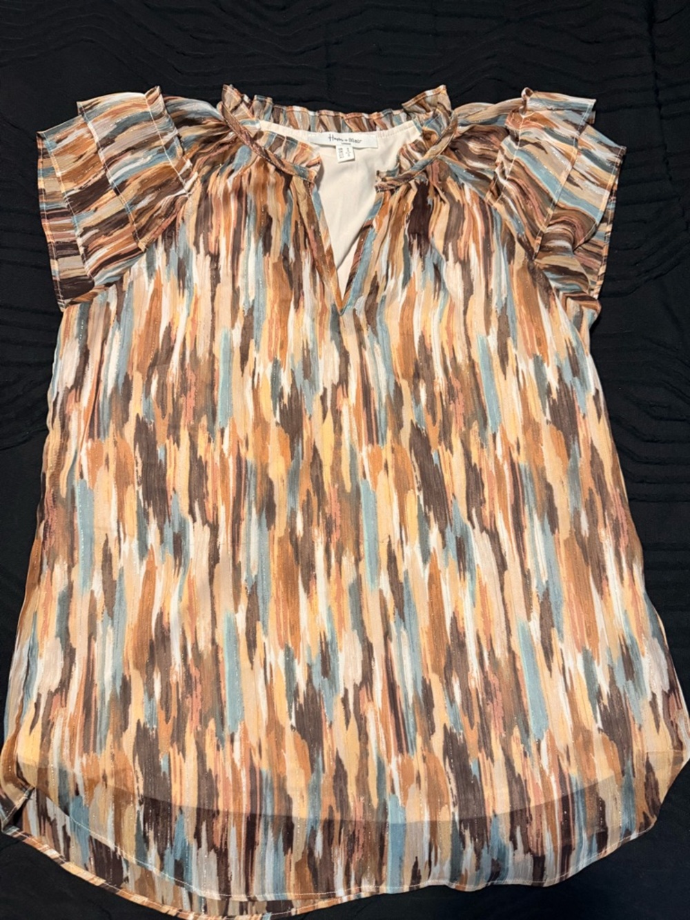 Women’s Multi-Stripe Ruffle Sleeve Blouse — Brown/Tan/Blue